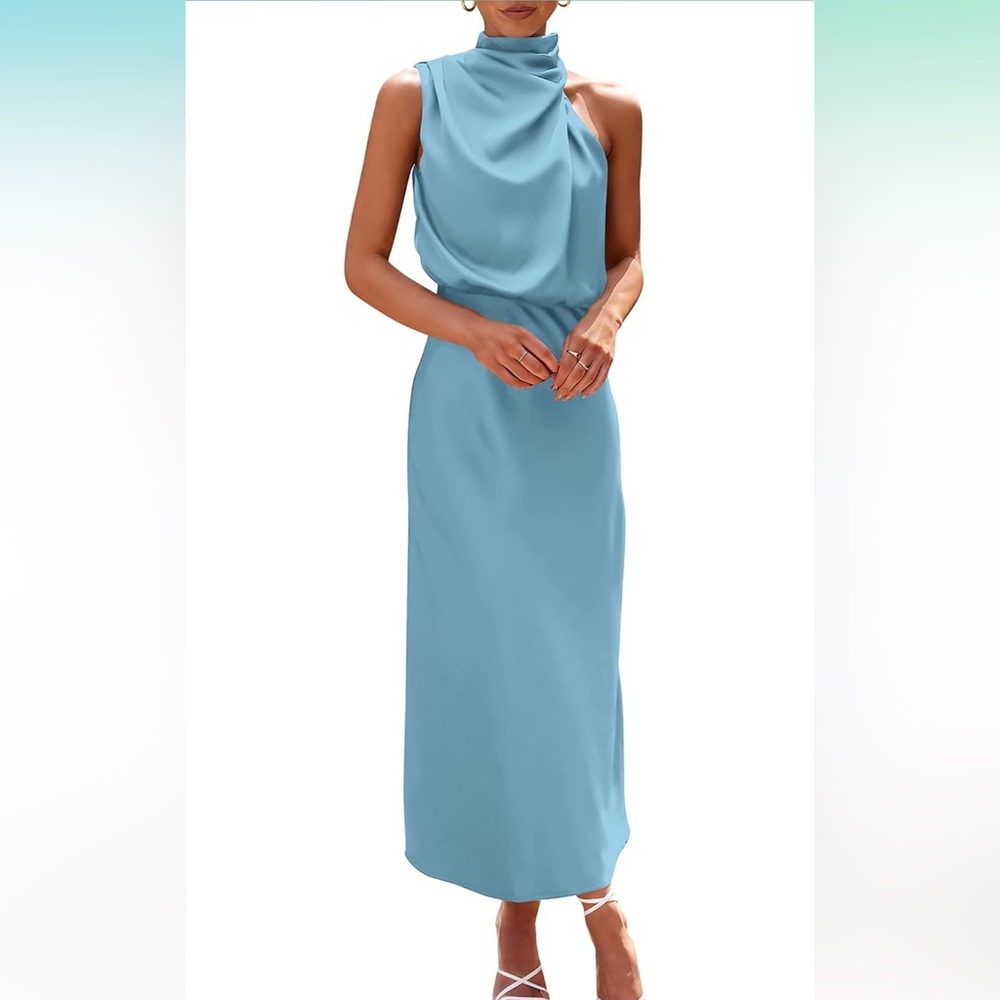 Blue Satin Hight Neck Midi Dress